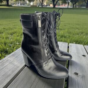 MICHAEL Michael Kors Rosario Black Leather Ankle Boots Booties Lace Up Side Zip